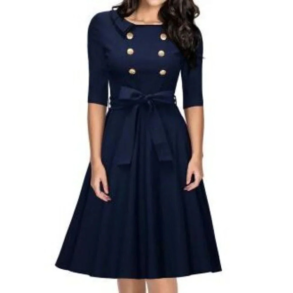 MIUSOL | 3/4 SLEEVE VINTAGE NAVY BELTED RETRO EVENING  DRESS - Picture 1 of 13
